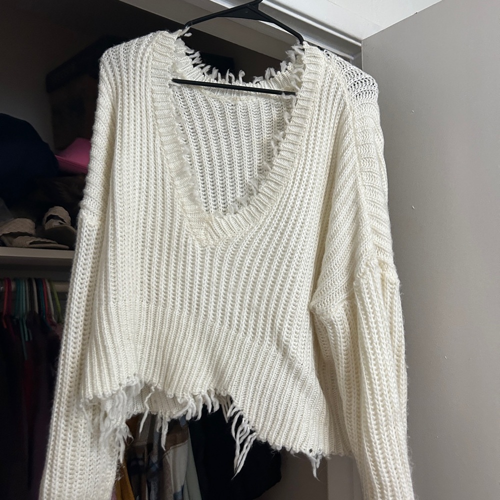 Frayed V-Neck White Sweater